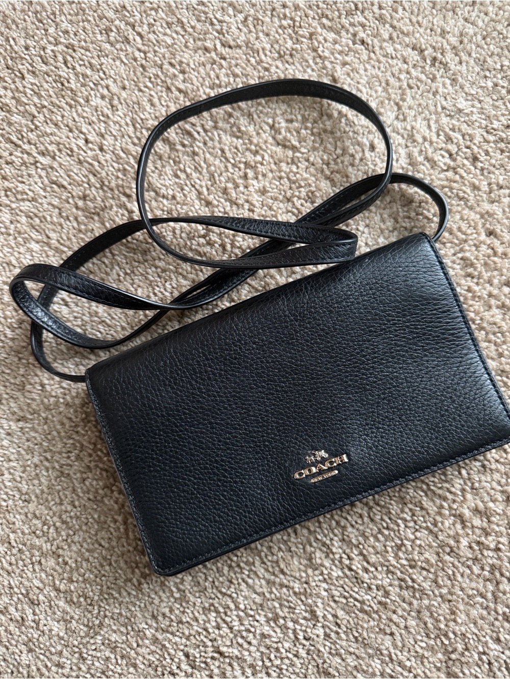 Coach Black Pebbled Leather Crossbody Wallet with Gold Logo